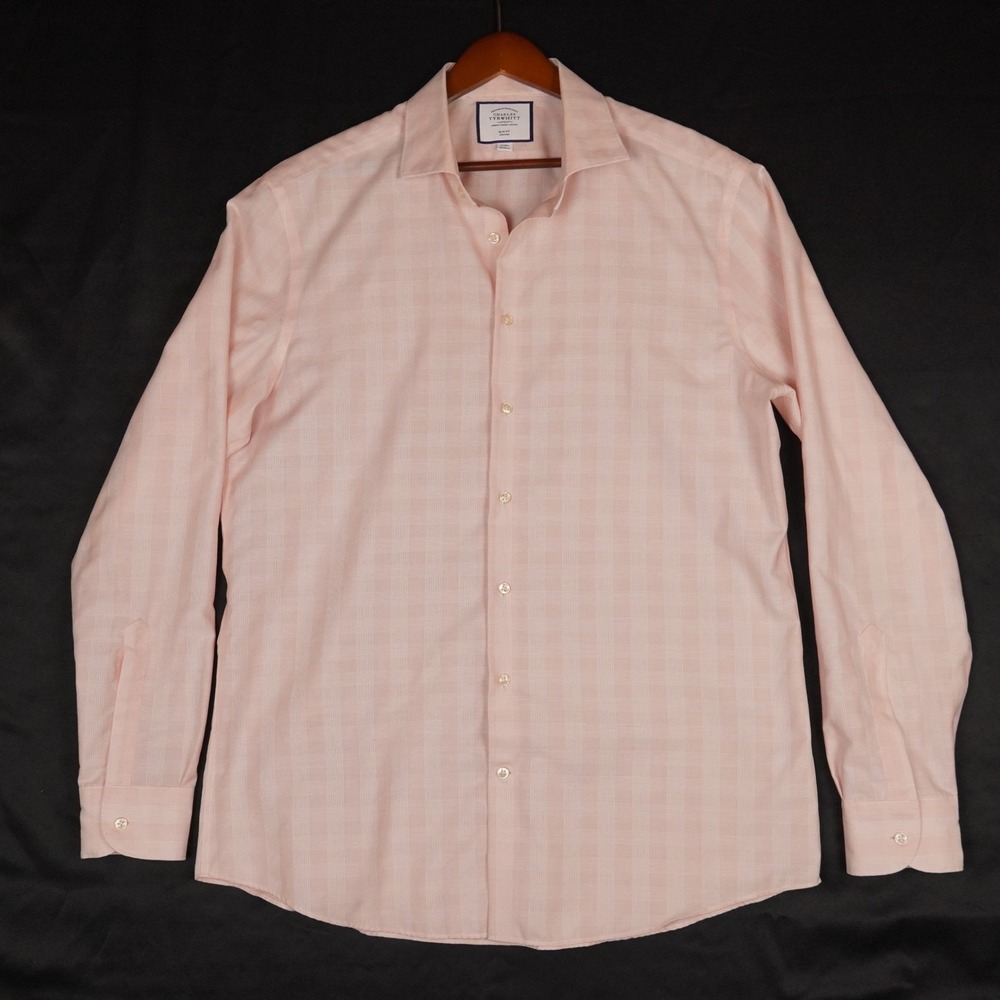 Charles Tyrwhitt Dress Shirt Mens 17/38 Pink Check Non-Iron Slim Fit Cotton